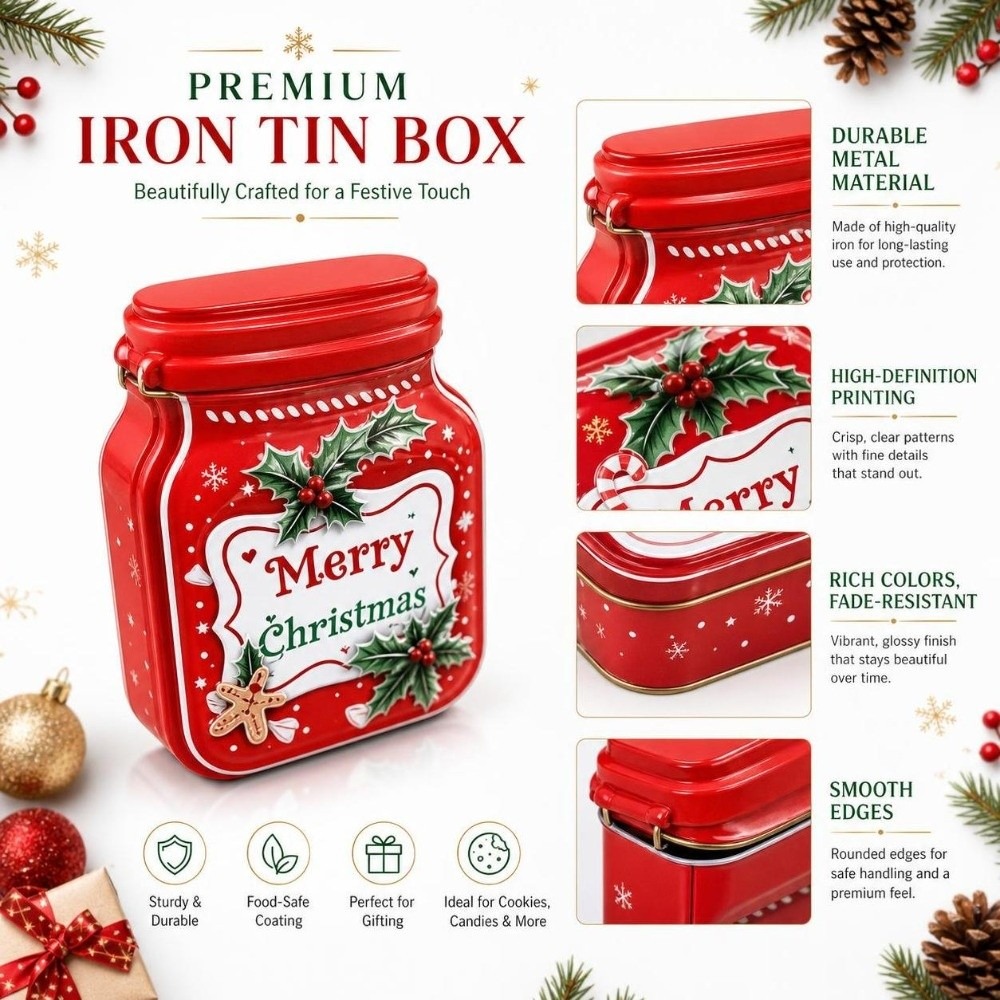 Tin Container Lid - Taşınabilir Metal Noel Teneke Kutusu Kapaklı